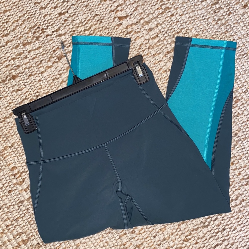 Lululemon Crop Leggings. Gray with blue mesh detail